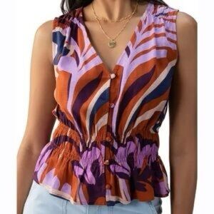 Sanctuary XXS south palm leaf print shirred button up linen blend Blouse